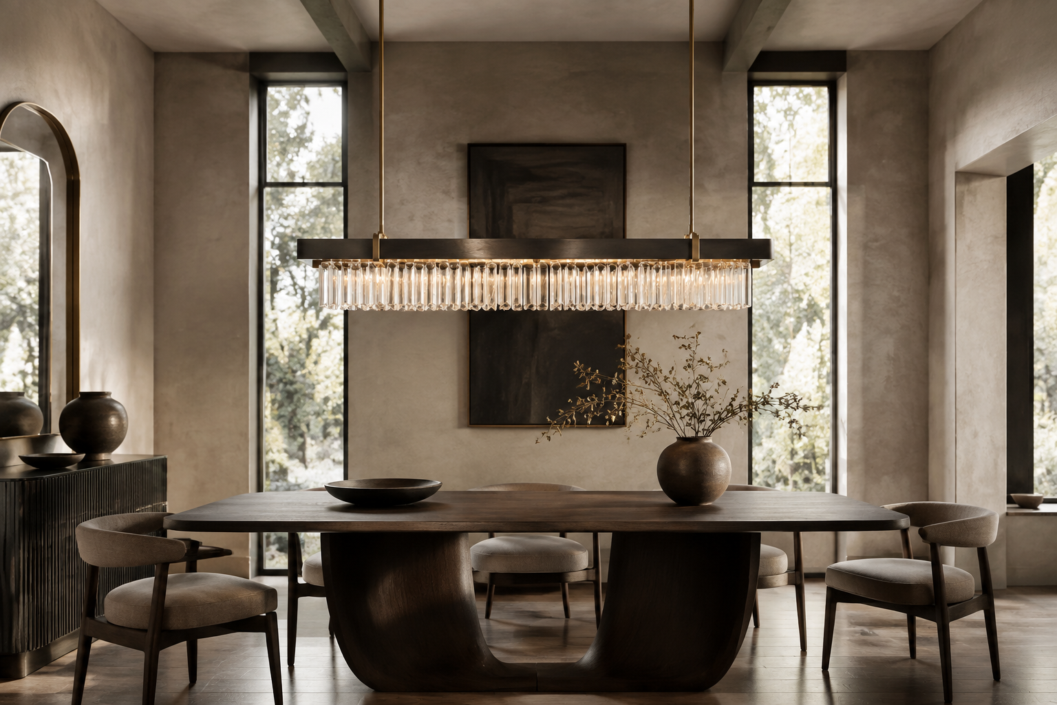 Editorial interior illustrating the setting for linear chandeliers; not product photography